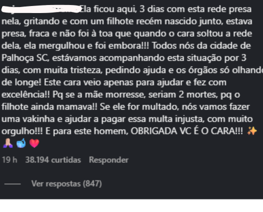 Postagem de agradecimento por resgate de animal preso.
