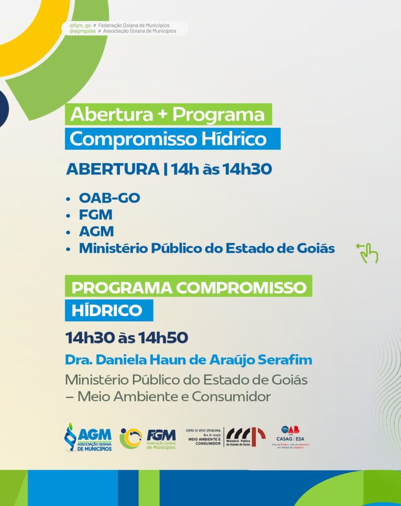 Evento Programa Compromisso Hídrico, Goiás, 14h-14h50.