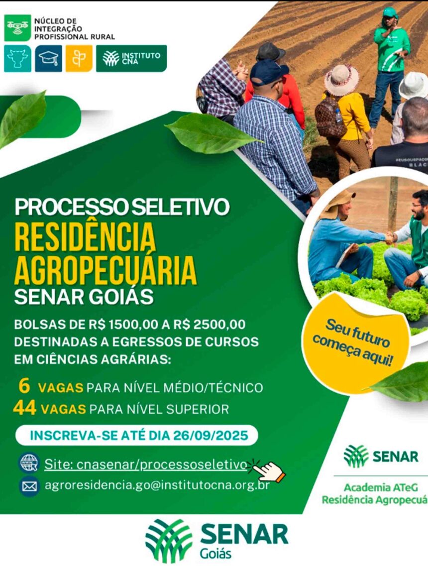 SENAR Goiás abre inscrições para programa de residência agropecuária com 50 bolsas