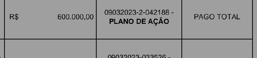 Tabela: transação, valor, plano de ação, pago total.