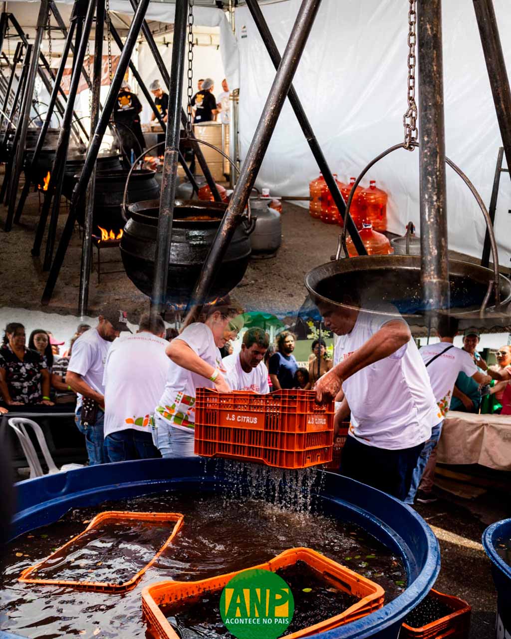 Festival de culinária com panelas e alimentos.