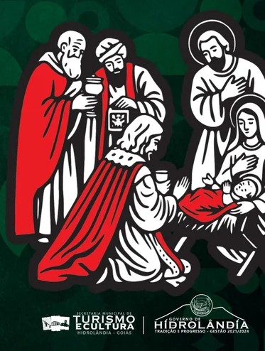 Natividade com personagens religiosos em traje tradicional.