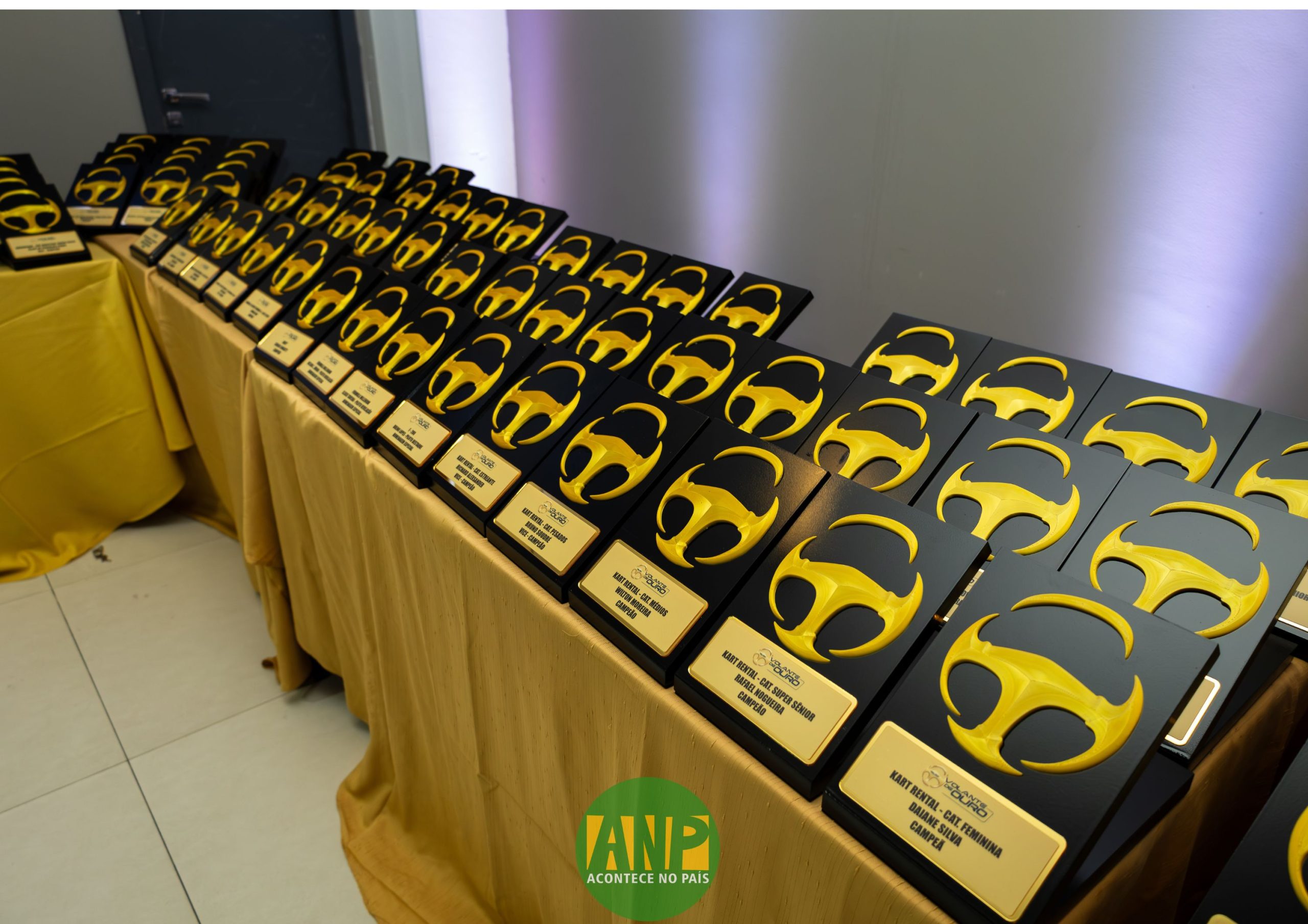Prêmios em mesa com logotipo amarelo.
