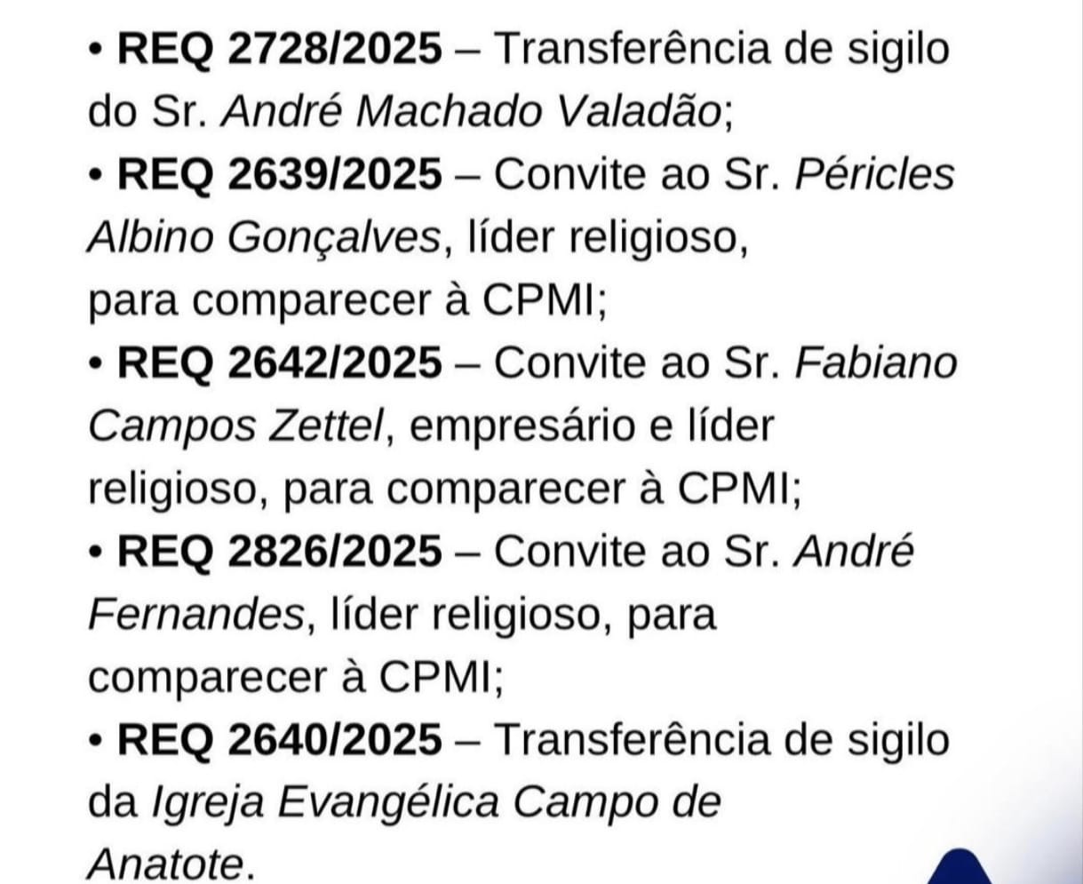 Solicitações de transferências de sigilo e convites para CPMI.