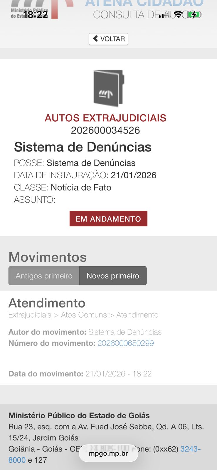 Tela do sistema de denúncias do Ministério Público.