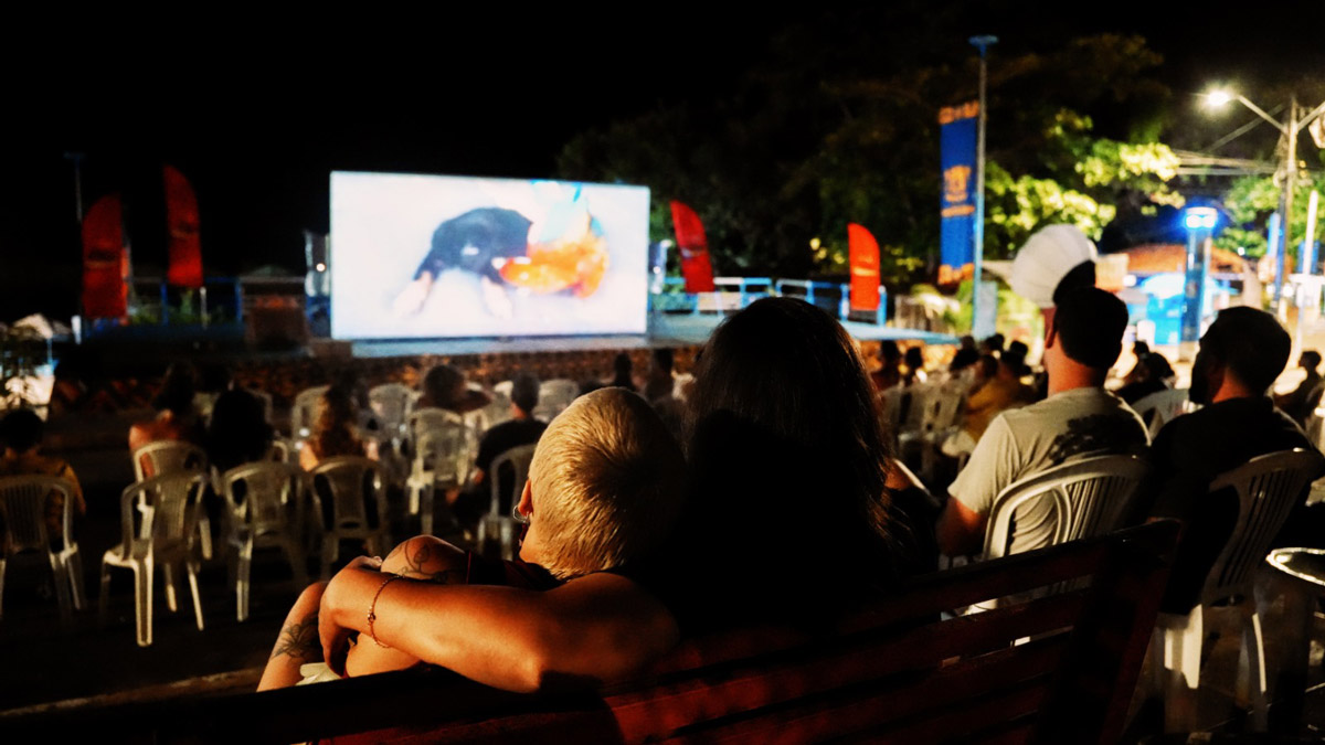 Casal assistindo cinema ao ar livre à noite
